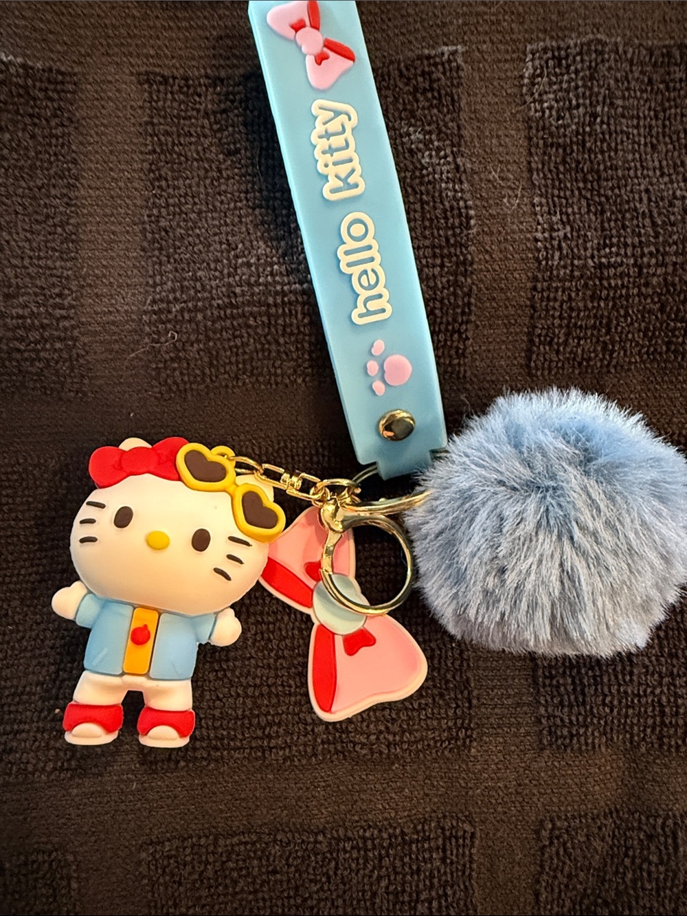 Hello Kitty Blue Strap Keychain with Pom Pom and Charms